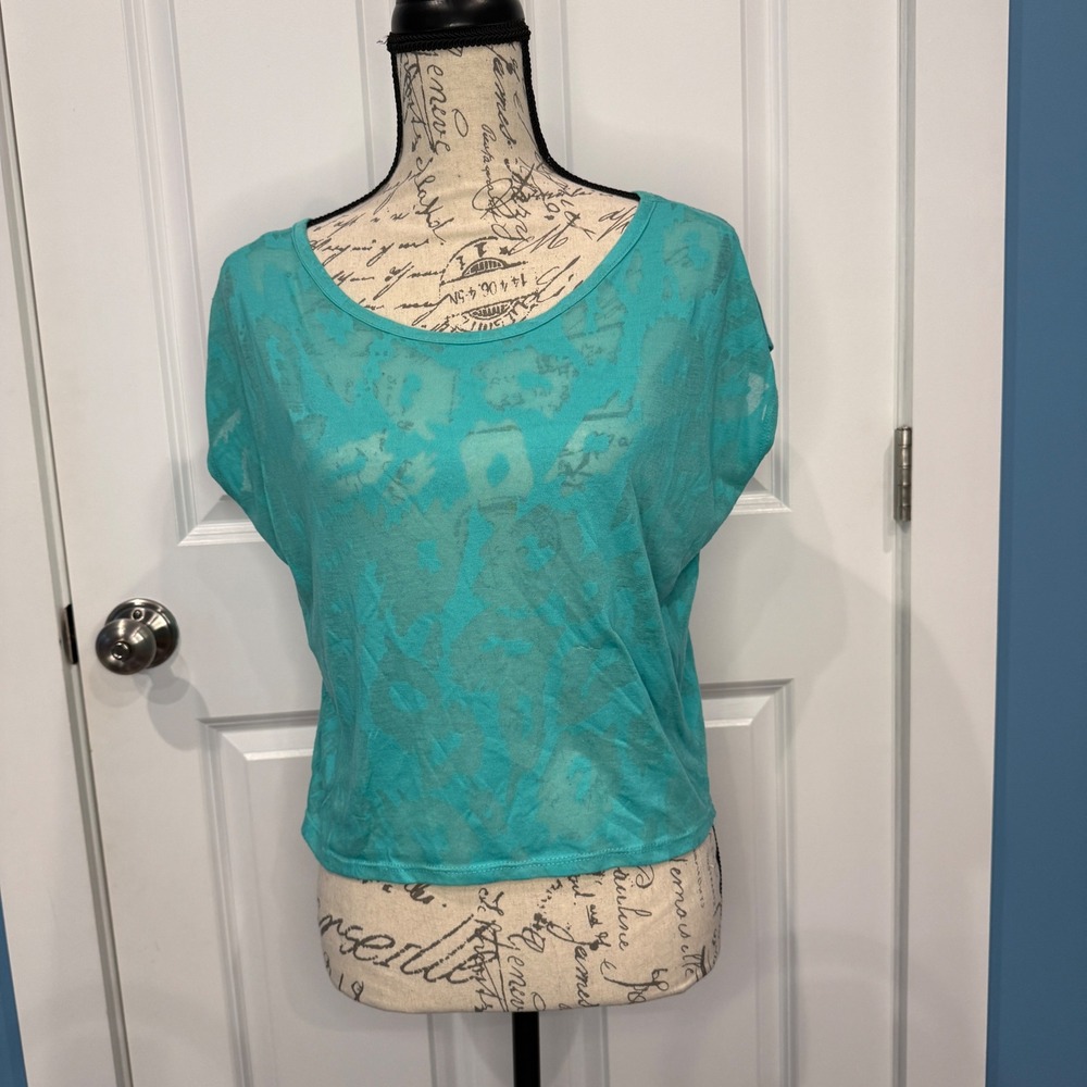 Kirra‎ Womens Teal Turquoise Burnout Animal Print Boxy Crop T-Shirt Size XS